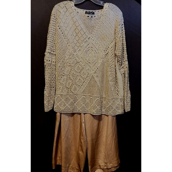 Vintage Suzelle Silk Outfit 3 Pcs Gold Tank Pants Crochet Tunic Metallic Large - Picture 1 of 13